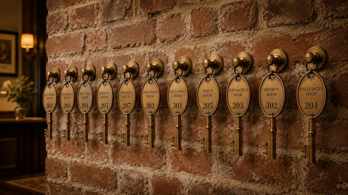 Eleven brass key tags engraved 101 through 111 hanging on a brick wall