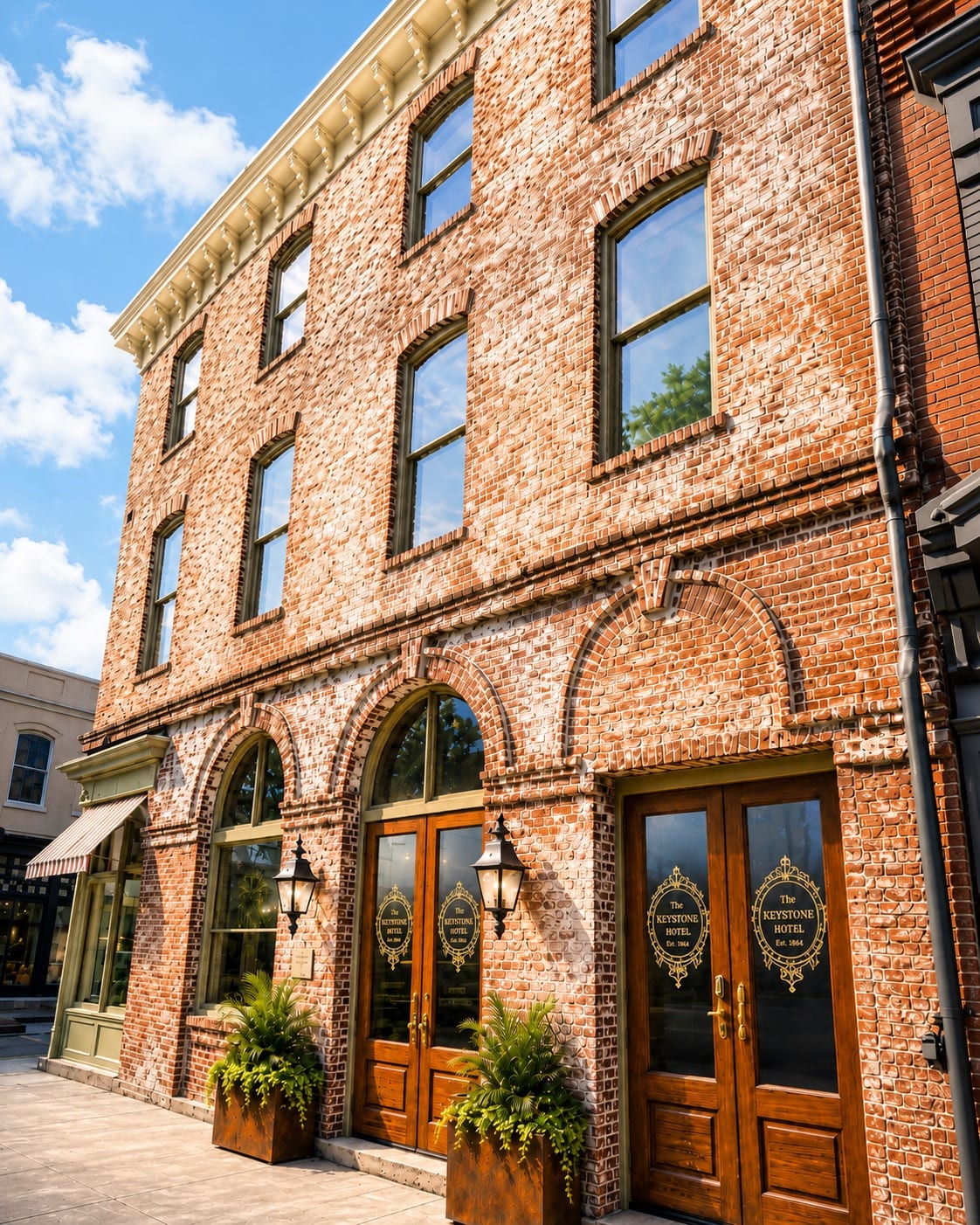 The corner building on West State Street, brick with awnings and signage