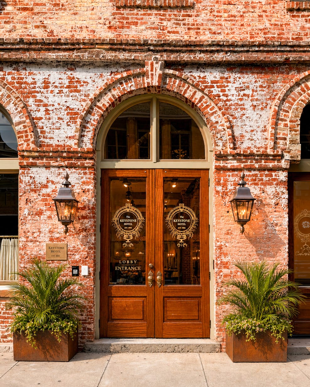 The Keystone Hotel lobby entrance on West State Street, Savannah — arched brick facade, lit lanterns and tall wooden doors